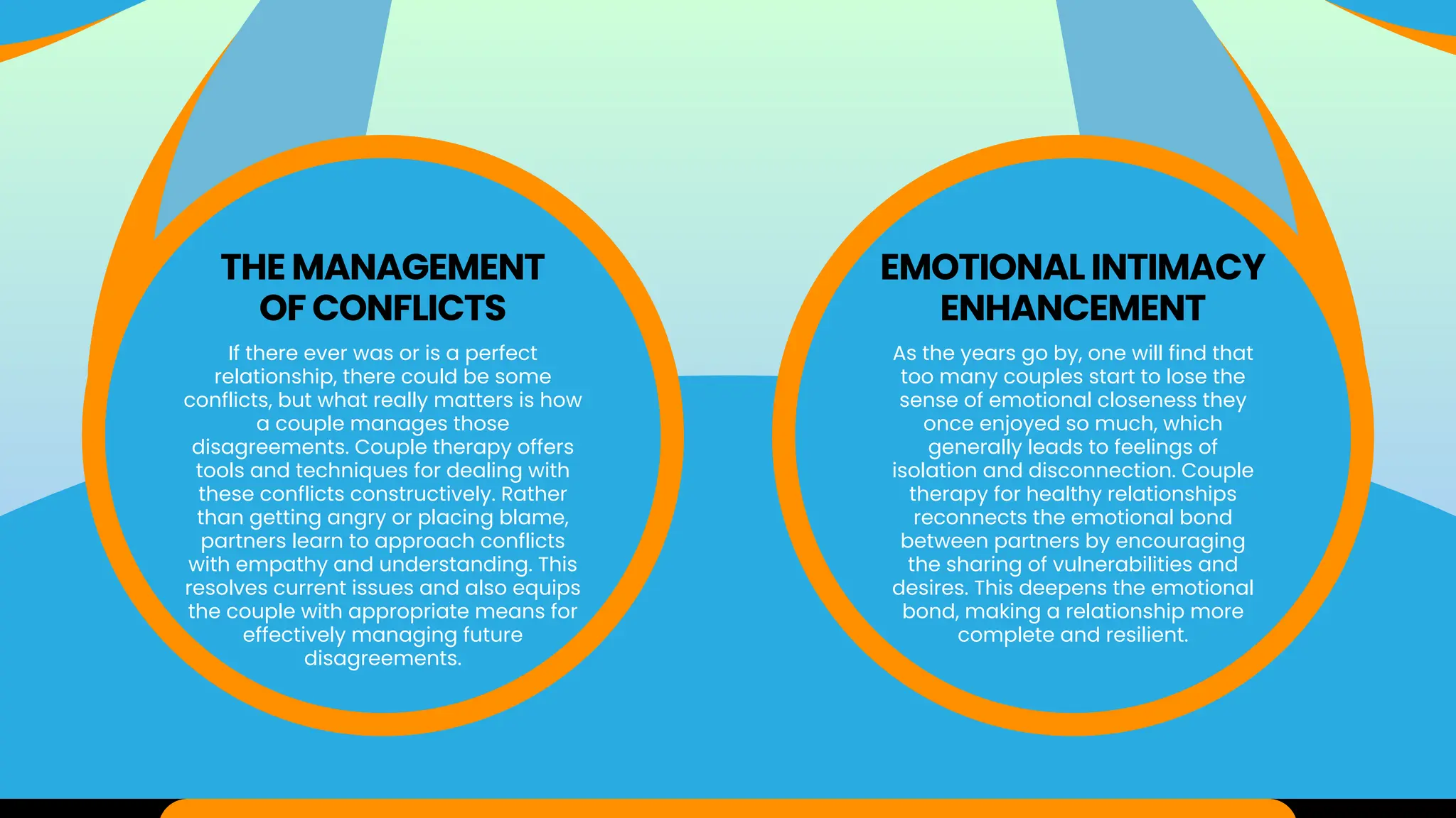 If there ever was or is a perfect
relationship, there could be some
conflicts, but what really matters is how
a couple manages those
disagreements. Couple therapy offers
tools and techniques for dealing with
these conflicts constructively. Rather
than getting angry or placing blame,
partners learn to approach conflicts
with empathy and understanding. This
resolves current issues and also equips
the couple with appropriate means for
effectively managing future
disagreements.
As the years go by, one will find that
too many couples start to lose the
sense of emotional closeness they
once enjoyed so much, which
generally leads to feelings of
isolation and disconnection. Couple
therapy for healthy relationships
reconnects the emotional bond
between partners by encouraging
the sharing of vulnerabilities and
desires. This deepens the emotional
bond, making a relationship more
complete and resilient.
THE MANAGEMENT
OF CONFLICTS
EMOTIONAL INTIMACY
ENHANCEMENT
 