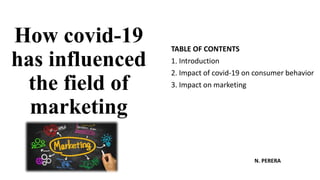 How covid-19
has influenced
the field of
marketing
TABLE OF CONTENTS
1. Introduction
2. Impact of covid-19 on consumer behavior
3. Impact on marketing
N. PERERA
 