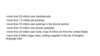 ・more than 25 million new classified ads
・more than 1.5 million job postings
・more than 75 million user postings in the forums section
・more than 10 million new photos uploaded
・more than 30 million user visits, most of which are from the United States
・more than 8 billion page views, putting craigslist in the top 10 English-
language sites
 