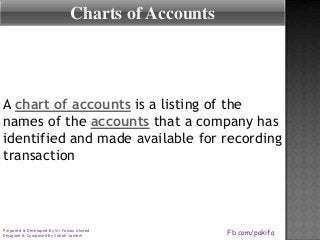 Charts of Accounts

A chart of accounts is a listing of the
names of the accounts that a company has
identified and made available for recording
transaction

Prepared & Developed By Sir Faizan Ahmed
Designed & Composed By Sidrah Jameel

Fb.com/pakifa

 