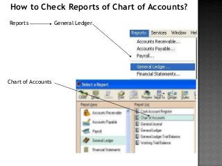 How to Check Reports of Chart of Accounts?
Reports

Chart of Accounts

General Ledger

 
