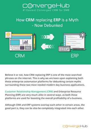 nvergeHubOC
Believe it or not, how CRM replacing ERP is one of the most searched
phrases on the internet. This is why we are keen upon explaining both
these enterprise automation platforms for debunking certain myths
surrounding these two most needed modern day business applications.
Customer Relationship Management (CRM) and Enterprise Resource
Planning (ERP) are very much alike in several ways, as both these
platforms are used for boosting the overall profitability of a business.
Although CRM and ERP systems overlap each other in certain areas, the
good part is, they can be also be completely integrated into each other.
Ǡ
|
CRM ERP
How CRM replacing ERP is a Myth
- Now Debunked
nvergeHubOC
#1 Easiest Converged CRM for SMB
 