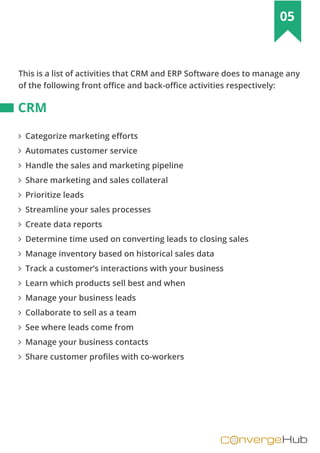 nvergeHubOC
05
This is a list of activities that CRM and ERP Software does to manage any
of the following front office and back-office activities respectively:
∠ Categorize marketing efforts
∠ Automates customer service
∠ Handle the sales and marketing pipeline
∠ Share marketing and sales collateral
∠ Prioritize leads
∠ Streamline your sales processes
∠ Create data reports
∠ Determine time used on converting leads to closing sales
∠ Manage inventory based on historical sales data
∠ Track a customer’s interactions with your business
∠ Learn which products sell best and when
∠ Manage your business leads
∠ Collaborate to sell as a team
∠ See where leads come from
∠ Manage your business contacts
∠ Share customer profiles with co-workers
CRM
 