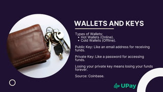 WALLETS AND KEYS
Types of Wallets:
Hot Wallets (Online).
Cold Wallets (Offline).
Public Key: Like an email address for receiving
funds.
Private Key: Like a password for accessing
funds.
Losing your private key means losing your funds
forever.
Source: Coinbase.
 