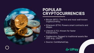 POPULAR
CRYPTOCURRENCIES
Bitcoin (BTC): The first and most well-known
cryptocurrency.
Ethereum (ETH): Powers smart contracts and
dApps.
Litecoin (LTC): Known for faster
transactions.
Stablecoins: Pegged to traditional assets like
USD (e.g., USDT).
Source: CoinMarketCap.
 