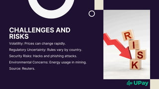 CHALLENGES AND
RISKS
Volatility: Prices can change rapidly.
Regulatory Uncertainty: Rules vary by country.
Security Risks: Hacks and phishing attacks.
Environmental Concerns: Energy usage in mining.
Source: Reuters.
 