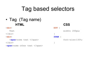 Tag based selectors
• Tag (Tag name)
HTML CSS
<div> DIV {
Text width: 200px;
</div> }
<div> SPAN {
<span>some text </span> font-size:130%;
</div> }
<span>some other text </span>
 