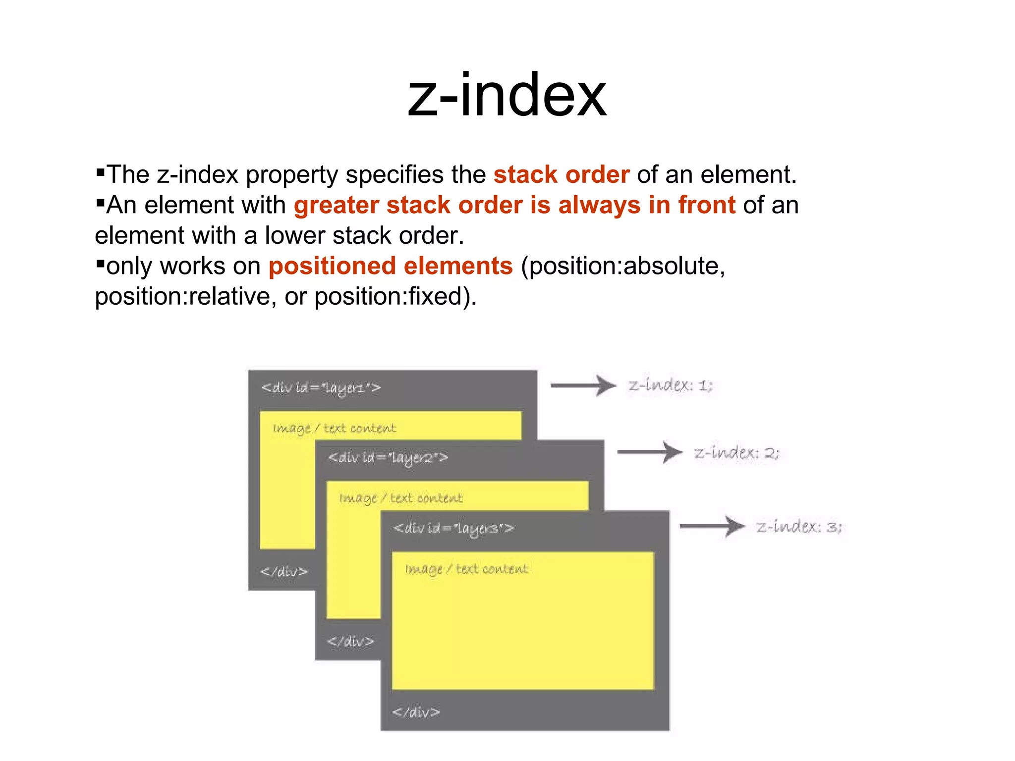 z-index The z-index property specifies the  stack order  of an element. An element with  greater stack order is always in front  of an element with a lower stack order. only works on  positioned elements  (position:absolute, position:relative, or position:fixed). 