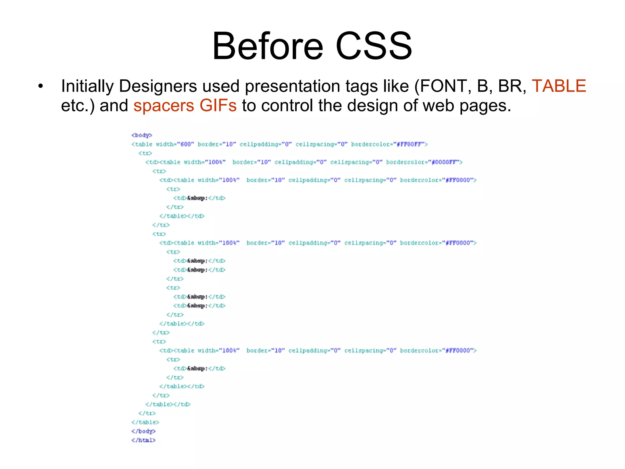 Before CSS Initially Designers used presentation tags like (FONT, B, BR,  TABLE  etc.) and  spacers GIFs  to control the design of web pages. 