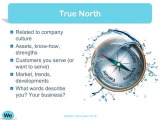 True North

Related to company
culture
Assets, know-how,
strengths
Customers you serve (or
want to serve)
Market, trends,
developments
What words describe
you? Your business?


                  LKFR12. Paris Sept 18-18
 