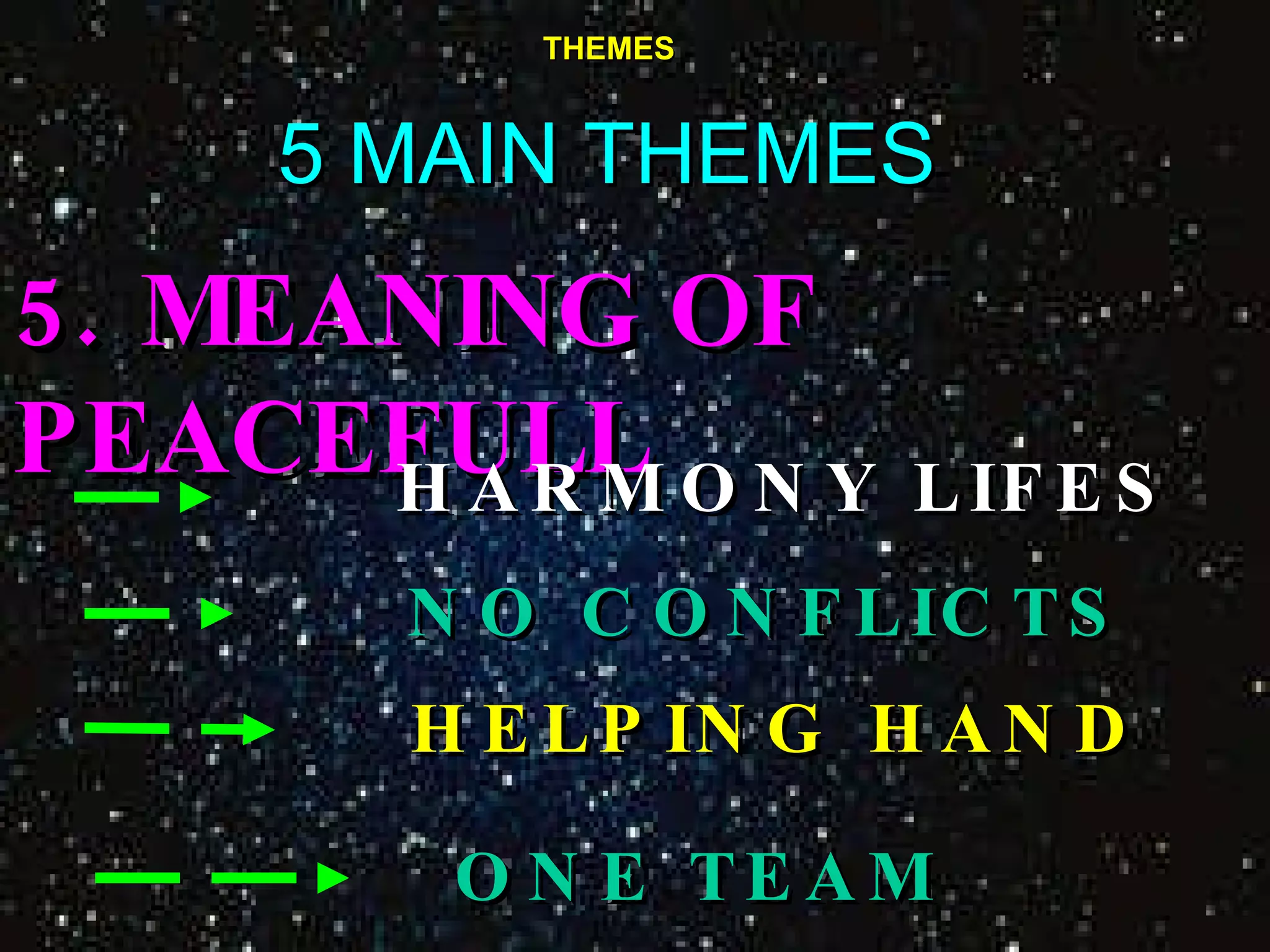 THEMES 5 MAIN THEMES 5.  MEANING OF PEACEFULL HARMONY LIFES  NO CONFLICTS HELPING HAND ONE TEAM 
