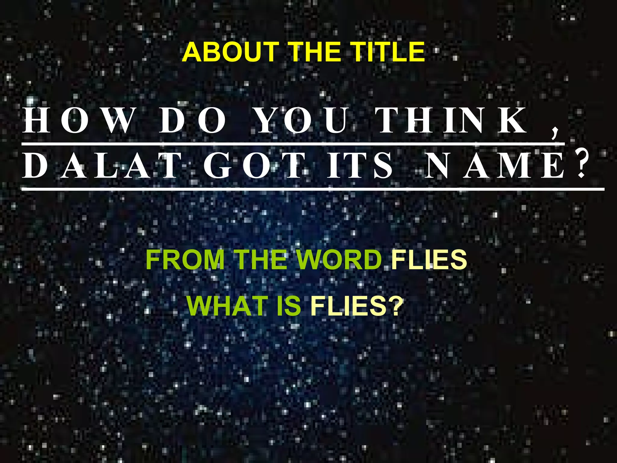ABOUT THE TITLE FROM THE WORD   FLIES WHAT IS   FLIES? HOW DO YOU THINK , DALAT GOT ITS NAME? 