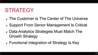 69
STRATEGY
 The Customer Is The Center of The Universe
 Support From Senior Management Is Critical
 Data Analytics Strategies Must Match The
Growth Strategy
 Functional Integration of Strategy Is Key
 