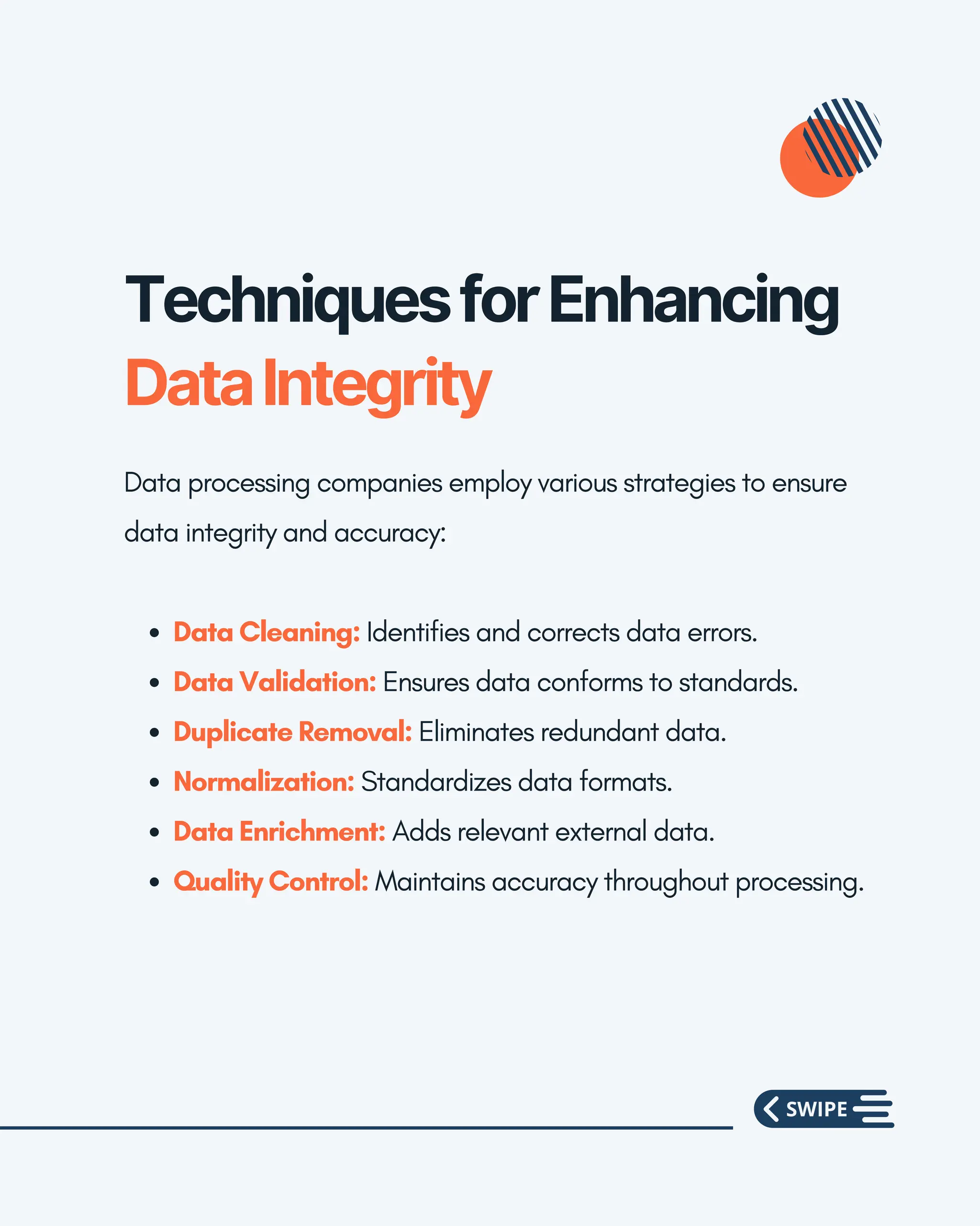 TechniquesforEnhancing
DataIntegrity
Data processing companies employ various strategies to ensure
data integrity and accuracy:
Data Cleaning: Identifies and corrects data errors.
Data Validation: Ensures data conforms to standards.
Duplicate Removal: Eliminates redundant data.
Normalization: Standardizes data formats.
Data Enrichment: Adds relevant external data.
Quality Control: Maintains accuracy throughout processing.
 