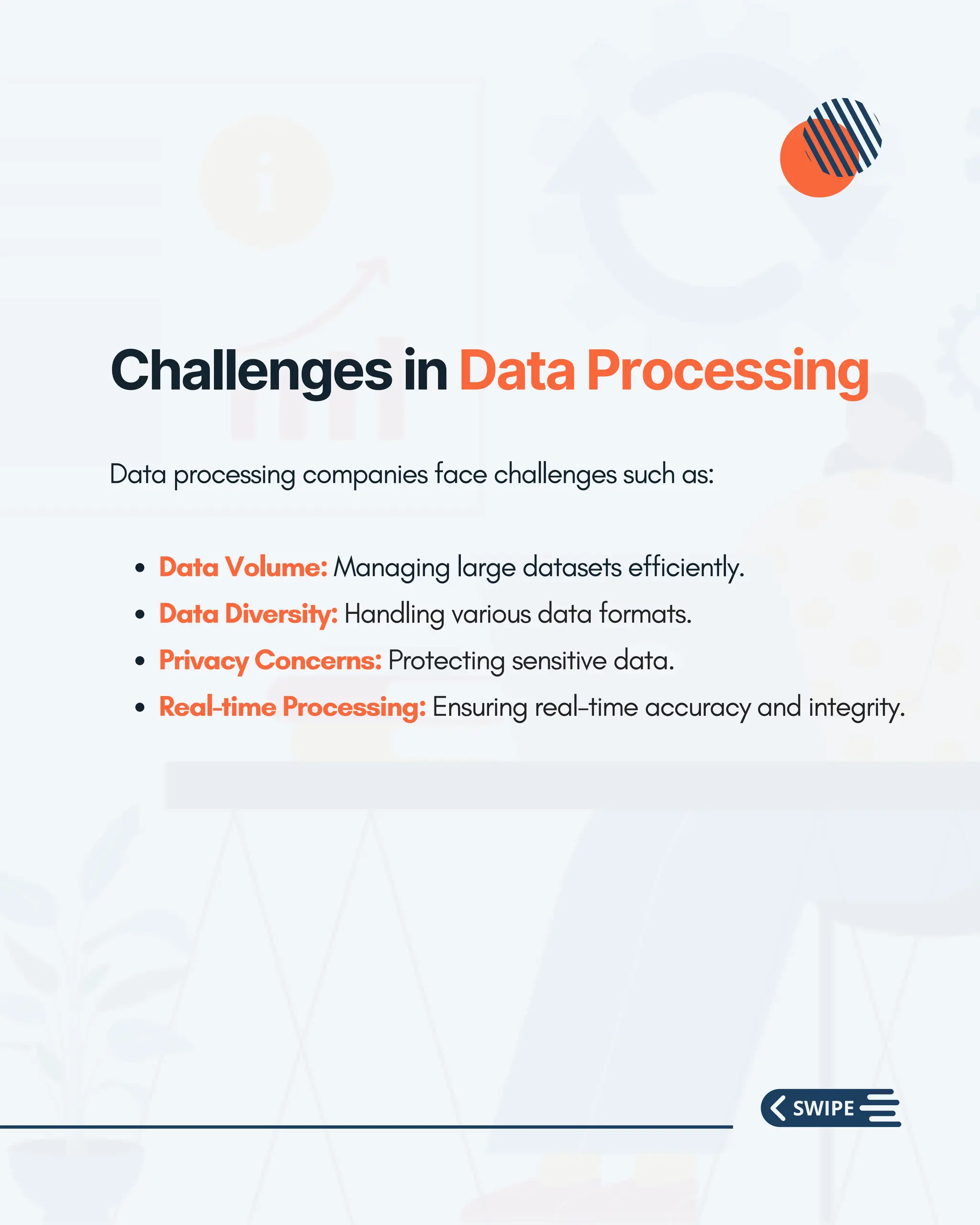 Data processing companies face challenges such as:
Data Volume: Managing large datasets efficiently.
Data Diversity: Handling various data formats.
Privacy Concerns: Protecting sensitive data.
Real-time Processing: Ensuring real-time accuracy and integrity.
Challenges in Data Processing
 