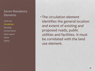 Seven Mandatory
Elements
                  • The circulation element
Land use            identifies the general location
Circulation
Housing
                    and extent of existing and
Conservation        proposed roads, public
Open-space          utilities and facilities. It must
Noise
Safety
                    be correlated with the land
                    use element.




                                                        10
 