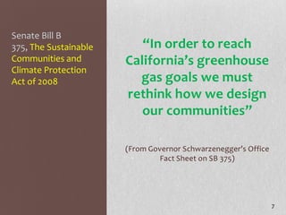 Senate Bill B
375, The Sustainable      “In order to reach
Communities and        California’s greenhouse
Climate Protection
Act of 2008              gas goals we must
                       rethink how we design
                          our communities”

                       (From Governor Schwarzenegger’s Office
                                Fact Sheet on SB 375)




                                                                7
 