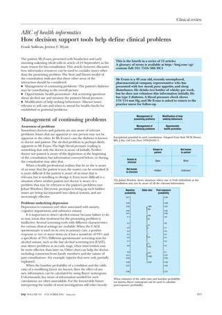 Clinical review


ABC of health informatics
How decision support tools help define clinical problems
Frank Sullivan, Jeremy C Wyatt


The patient, Mr Evans, presented with headaches and early
                                                                        This is the fourth in a series of 12 articles
morning wakening (dealt with in article of 24 September) as the
                                                                        A glossary of terms is available at http://bmj.com/cgi/
main reason for his consultation. This article, however, discusses      content/full/331/7516/566/DC1
how informatics resources can be used to consider issues other
than the presenting problem. The Stott and Davies model of
the consultation indicates that three other areas of the                Mr Evans is a 49 year old, recently unemployed,
interaction should be considered.                                       pharmaceutical company representative who has
x Management of continuing problems—The patient’s diabetes              presented with low mood, poor appetite, and sleep
may be contributing to the overall picture.                             disturbance. He drinks two bottles of whisky per week,
x Opportunistic health promotion—Ask screening questions                but he does not volunteer this information initially. He
about alcohol use and measure the patient’s blood pressure.             has type 2 diabetes. A blood pressure check shows
x Modification of help seeking behaviours—Discuss issues                178/114 mm Hg, and Mr Evans is asked to return to the
                                                                        practice nurse for follow-up
relevant to self care and when to attend for health checks for
established or potential problems.

                                                                                           Management of               Modification of help
Management of continuing problems                                                        presenting problems           seeking behaviours


Awareness of problems                                                                      Management of                  Opportunistic
                                                                                         continuing problems            health promotion
Sometimes doctors and patients are not aware of relevant
problems. Issues that are apparent to one person may not be
apparent to the other. In Mr Evans’s case the diabetes is known        Exceptional potential in each consultation. Adapted from Stott NCH, Davies
                                                                       RH. J Roy Coll Gen Pract 1979;29:201-5
to doctor and patient. The alcohol problem is, perhaps dimly,
apparent to Mr Evans. The high blood pressure reading is
something that only the doctor is aware of initially. Neither                                                Known to                   Not known
                                                                                                              patient                   to patient
doctor nor patient is aware of the depression at the beginning
of the consultation, but information conveyed before, or during,
                                                                                  Known to
the consultation may alter that.                                                                               Open                           Blind
                                                                                  clinician
    When a health professional realises that he or she is aware
of an issue that the patient is not, the matter can be remedied. It               Not known
                                                                                                              Hidden                       Unknown
                                                                                 to clinician
is more difficult if the patient is aware of an issue that is
relevant, but is unwilling to divulge it. Even more difficult is a
situation where neither patient nor doctor is aware of a               The Johari Window shows situations where one or both individuals in the
                                                                       consultation may not be aware of all the relevant information
problem that may be relevant to the patient’s problems (see
Johari Window). Electronic prompts to bring up such hidden                       Baseline       Odds ratio     Post-exposure
issues are being incorporated into clinical systems, and are                    probability                     probability
increasingly effective.                                                          0.01                                    0.99


Problems underlying depression                                                   0.02                                    0.98

Depression is common and often associated with anxiety,                          0.03                1000                0.97
                                                                                                     500
cognitive impairment, and substance misuse.                                      0.05                                    0.95
                                                                                 0.07                                    0.93
    It is important to detect alcohol misuse because failure to do                                   100
                                                                                  0.1                                    0.9
so may mean that treatment for the presenting problem is                                             50

ineffective. Several screening tools with different characteristics               0.2                                    0.8
                                                                                                     10
for various clinical settings are available. When the CAGE                        0.3                5                   0.7
questionnaire is used on its own in primary care, a positive                      0.4                                    0.6
response to two or more items on it has a sensitivity of 93% and                  0.5                1                   0.5
                                                                                                     0.5
a specificity of 76%. Different questionnaire screening tests for                 0.6                                    0.4

                                                                                  0.7                                    0.3
alcohol misuse, such as the fast alcohol screening test (FAST),                                      0.1
may detect problems at an early stage, when intervention may                      0.8                0.05                0.2

be more effective than later on. Other clues can help the doctor,
                                                                                  0.9                0.01                0.1
including comments from family members and the nature of                         0.01                                    0.07
                                                                                                     0.005
past consultations—for example, injuries that were only partially                0.93                                    0.05

explained.                                                                       0.95                0.001               0.03
    When the baseline probability of a condition and the odds                    0.97                                    0.02

ratio of a modifying factor are known, then the effect of any
                                                                                 0.99                                    0.01
new information can be calculated by using Bayes’ nomogram.
Unfortunately, key items of information needed for such
                                                                       When estimates of the odds ratio and baseline probability
calculations are often unavailable. For the foreseeable future,        are known, Bayes’ nomogram can be used to calculate
interpreting the results of most investigations still relies heavily   post-exposure probability


BMJ VOLUME 331   8 OCTOBER 2005   bmj.com                                                                                                             831
 
