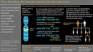 How Decoding Our Genetic Secrets Can Save Our Lives
                                    How analyzing genes can indicate health risks and arm a person to take preventive measures.
As the genetic mapping              BRCA1 gene is                                                       A woman with a mutated BRCA1
                                                          In some people, there is an hereditary
                                    a tumor-
process becomes more                                                                                    gene has a 60-80% chance of
                                                          gene mutation blocking the tumor-
                                    suppressor.                                                         developing breast cancer and a
                                                          suppressing function. (A gene is made
affordable,
                                                                                                        20-30% chance of ovarian cancer in
                                                          up of “bases” represented by letters)
                                    Chromosome 17
understandable                                                                                          her life and men have an increased
                                                          A normal BRCA1 sequence
                                                                                                        risk of prostate cancer.
and available,
                                                          AAA ARC TTA GAG TCT
people will have
                                                          An hereditary mutation that deletes        Mutated BRCA1
increased                                                 two bases in the sequence...               sequence
                                                                      GA
information about
                                                          AAA ATC TTA __G TCT
                                                BRCA 1
their hereditary                                gene
                                                          ...makes the rest of the bases shift
predispositions.                                          to the two empty spots.
                                                          AAA ATC TTA GTC TCC                          Offspring of those with
                                                                                                       this mutation have a
                                                                                    Mutated
                                                                                                       50% risk of inheriting
                                                                                 BRCA1 sequence
Source: George Church, Havard                                                                          the mutated gene.
University; Mayo Clinic; National
Cancer Institute
Jessica Chosid - Bloomberg          What a person                                 Avoiding risk      Preventive             Preventive surgery
                                                      Surveillance
                                    can do if they                                By exercise and    chemotherapy           Mastectomy or
                                                      To detect cancer as soon
Center for Genome Science           have the                                      limiting alcohol   Drug therapy such      removal of fallopian
                                                      as possible
http://cgs.cdc.go.kr                mutated gene:                                 comsumption        as Tamoxifen           tubes and ovaries
 