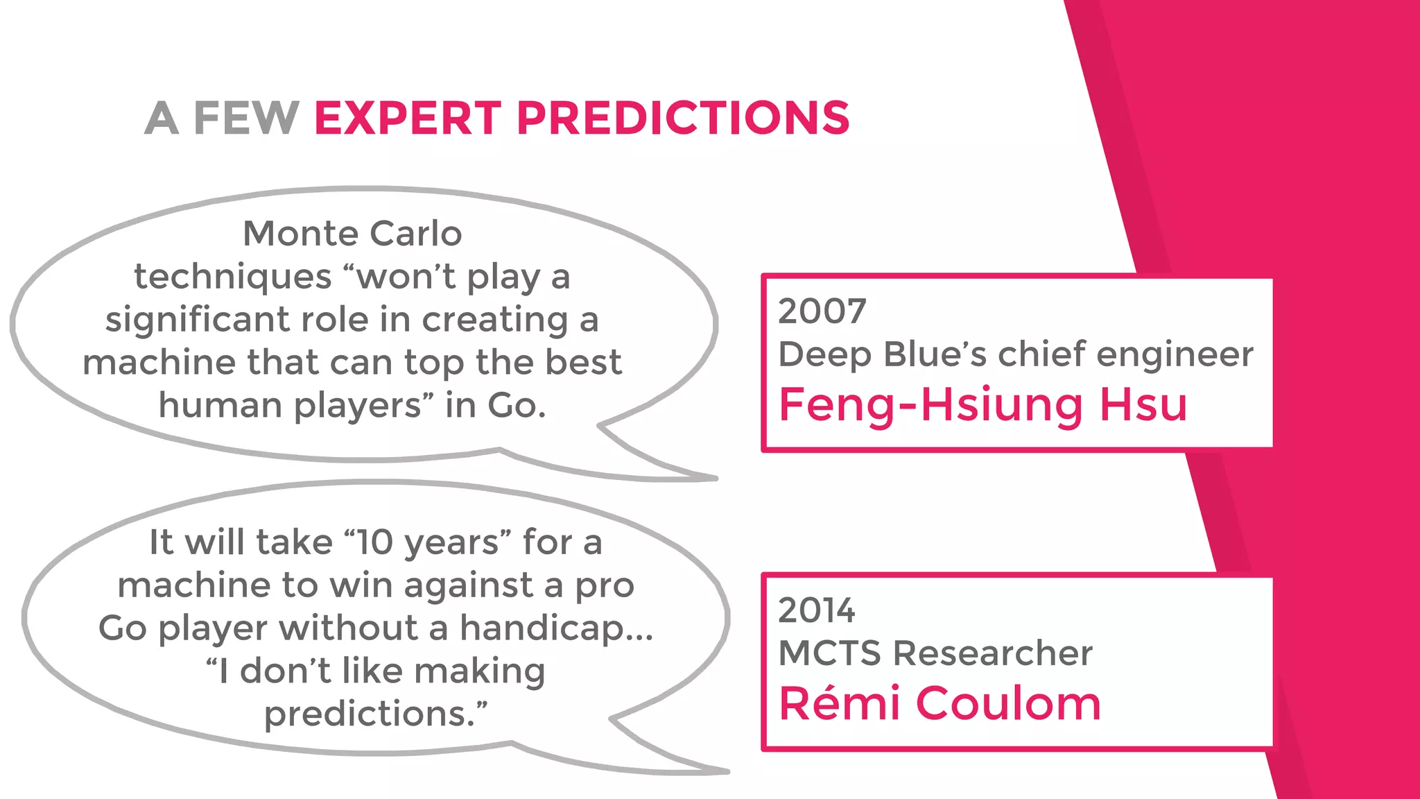 A FEW EXPERT PREDICTIONS
2007
Deep Blue’s chief engineer
Feng-Hsiung Hsu
Monte Carlo
techniques “won’t play a
significant role in creating a
machine that can top the best
human players” in Go.
It will take “10 years” for a
machine to win against a pro
Go player without a handicap...
“I don’t like making
predictions.”
2014
MCTS Researcher
Rémi Coulom
 