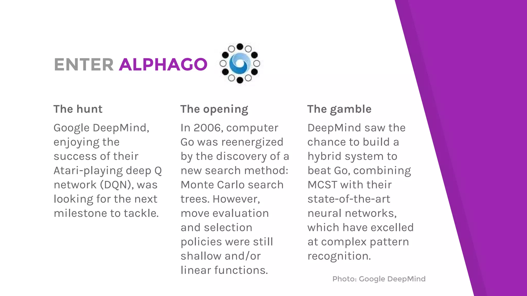 ENTER ALPHAGO
The hunt
Google DeepMind,
enjoying the
success of their
Atari-playing deep Q
network (DQN), was
looking for the next
milestone to tackle.
The opening
In 2006, computer
Go was reenergized
by the discovery of a
new search method:
Monte Carlo search
trees. However,
move evaluation
and selection
policies were still
shallow and/or
linear functions.
The gamble
DeepMind saw the
chance to build a
hybrid system to
beat Go, combining
MCST with their
state-of-the-art
neural networks,
which have excelled
at complex pattern
recognition.
Photo: Google DeepMind
 