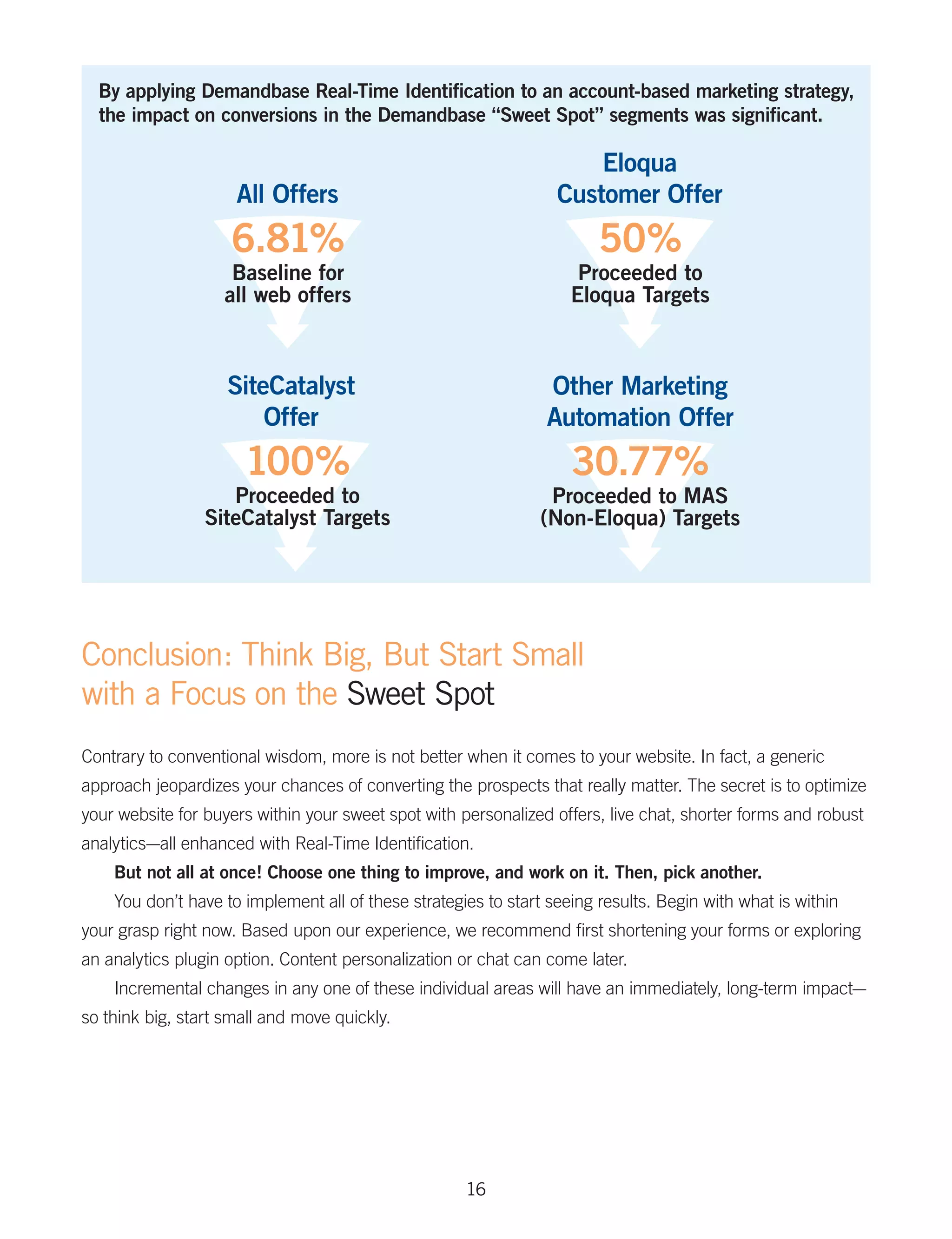 By applying Demandbase Real-Time Identification to an account-based marketing strategy,
  the impact on conversions in the Demandbase “Sweet Spot” segments was significant.

                                                                      Eloqua
                     All Offers                                   Customer Offer
                    6.81%                                               50%
                    Baseline for                                     Proceeded to
                   all web offers                                   Eloqua Targets



                    SiteCatalyst                                Other Marketing
                        Offer                                   Automation Offer
                      100%                                          30.77%
                    Proceeded to                                Proceeded to MAS
                 SiteCatalyst Targets                          (Non-Eloqua) Targets




Conclusion: Think Big, But Start Small
with a Focus on the Sweet Spot
Contrary to conventional wisdom, more is not better when it comes to your website. In fact, a generic
approach jeopardizes your chances of converting the prospects that really matter. The secret is to optimize
your website for buyers within your sweet spot with personalized offers, live chat, shorter forms and robust
analytics—all enhanced with Real-Time Identification.
    But not all at once! Choose one thing to improve, and work on it. Then, pick another.
    You don’t have to implement all of these strategies to start seeing results. Begin with what is within
your grasp right now. Based upon our experience, we recommend first shortening your forms or exploring
an analytics plugin option. Content personalization or chat can come later.
    Incremental changes in any one of these individual areas will have an immediately, long-term impact—
so think big, start small and move quickly.




                                                     16
 