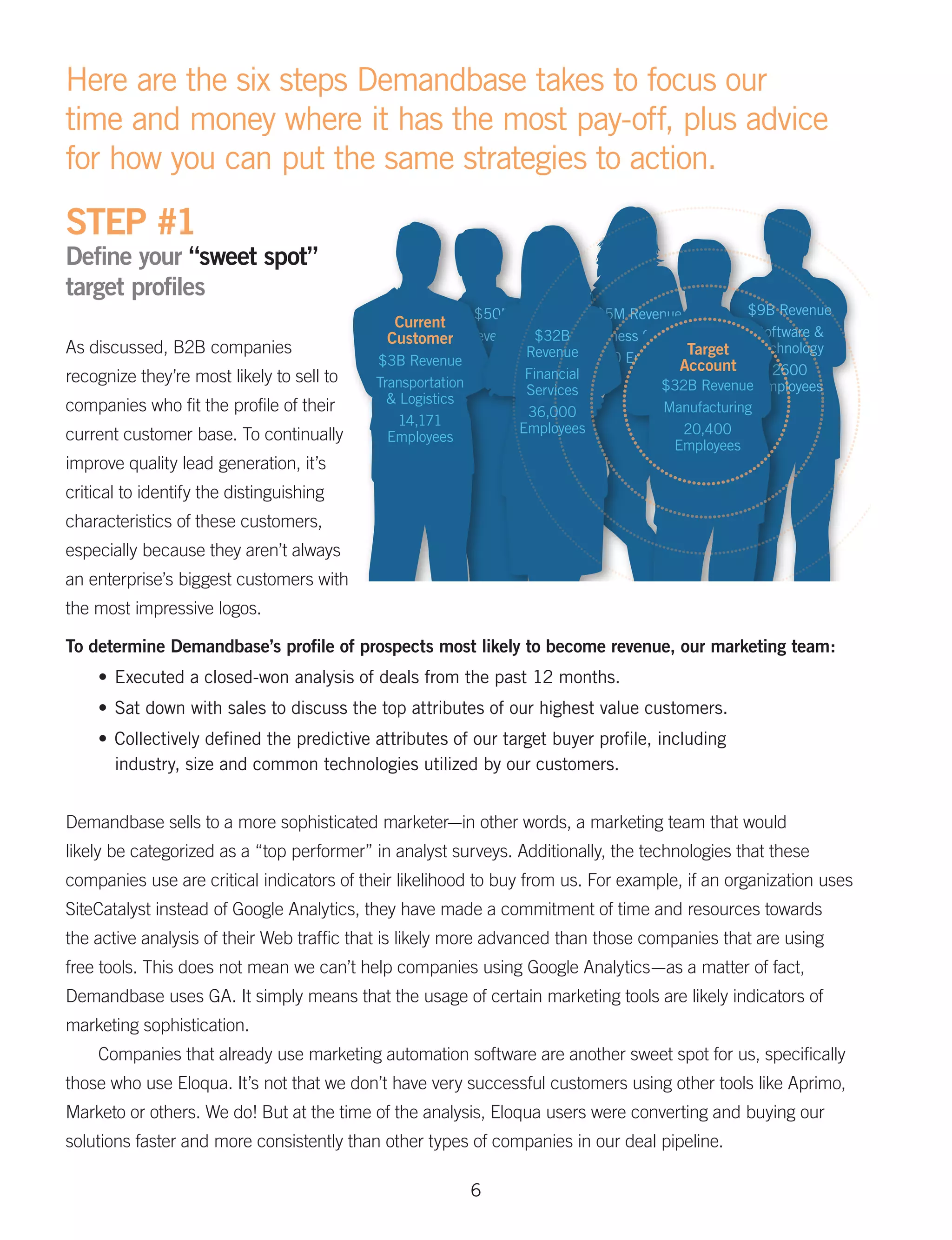 Here are the six steps Demandbase takes to focus our
time and money where it has the most pay-off, plus advice
for how you can put the same strategies to action.

STEP #1
Define your “sweet spot”
target profiles
                                                            $50M                $5M Revenue         $9B Revenue
                                             Current
                                            Customer Revenue $32B Business Services                   Software &
As discussed, B2B companies                                 Revenue 2900 EmployeesTarget              Technology
                                           $3B Revenue                           Account
recognize they’re most likely to sell to                            Financial                           2600
                                           Transportation                               $32B Revenue Employees
                                                                    Services
                                             & Logistics
companies who fit the profile of their                              36,000              Manufacturing
                                              14,171
current customer base. To continually                              Employees               20,400
                                             Employees
                                                                                         Employees
improve quality lead generation, it’s
critical to identify the distinguishing
characteristics of these customers,
especially because they aren’t always
an enterprise’s biggest customers with
the most impressive logos.

To determine Demandbase’s profile of prospects most likely to become revenue, our marketing team:
    •	 Executed a closed-won analysis of deals from the past 12 months.
    •	 Sat down with sales to discuss the top attributes of our highest value customers.
    •	 Collectively defined the predictive attributes of our target buyer profile, including
       industry, size and common technologies utilized by our customers.


Demandbase sells to a more sophisticated marketer—in other words, a marketing team that would
likely be categorized as a “top performer” in analyst surveys. Additionally, the technologies that these
companies use are critical indicators of their likelihood to buy from us. For example, if an organization uses
SiteCatalyst instead of Google Analytics, they have made a commitment of time and resources towards
the active analysis of their Web traffic that is likely more advanced than those companies that are using
free tools. This does not mean we can’t help companies using Google Analytics—as a matter of fact,
Demandbase uses GA. It simply means that the usage of certain marketing tools are likely indicators of
marketing sophistication.
    Companies that already use marketing automation software are another sweet spot for us, specifically
those who use Eloqua. It’s not that we don’t have very successful customers using other tools like Aprimo,
Marketo or others. We do! But at the time of the analysis, Eloqua users were converting and buying our
solutions faster and more consistently than other types of companies in our deal pipeline.

                                                            6
 
