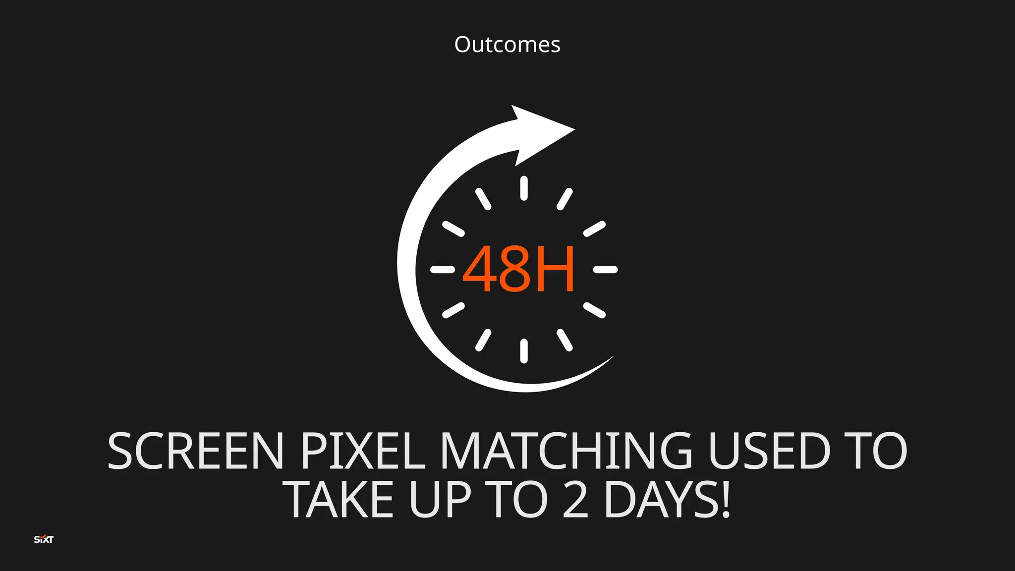 Outcomes
SCREEN PIXEL MATCHING USED TO
TAKE UP TO 2 DAYS!
48H
 