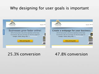 Why designing for user goals is important




25.3% conversion        47.8% conversion
 