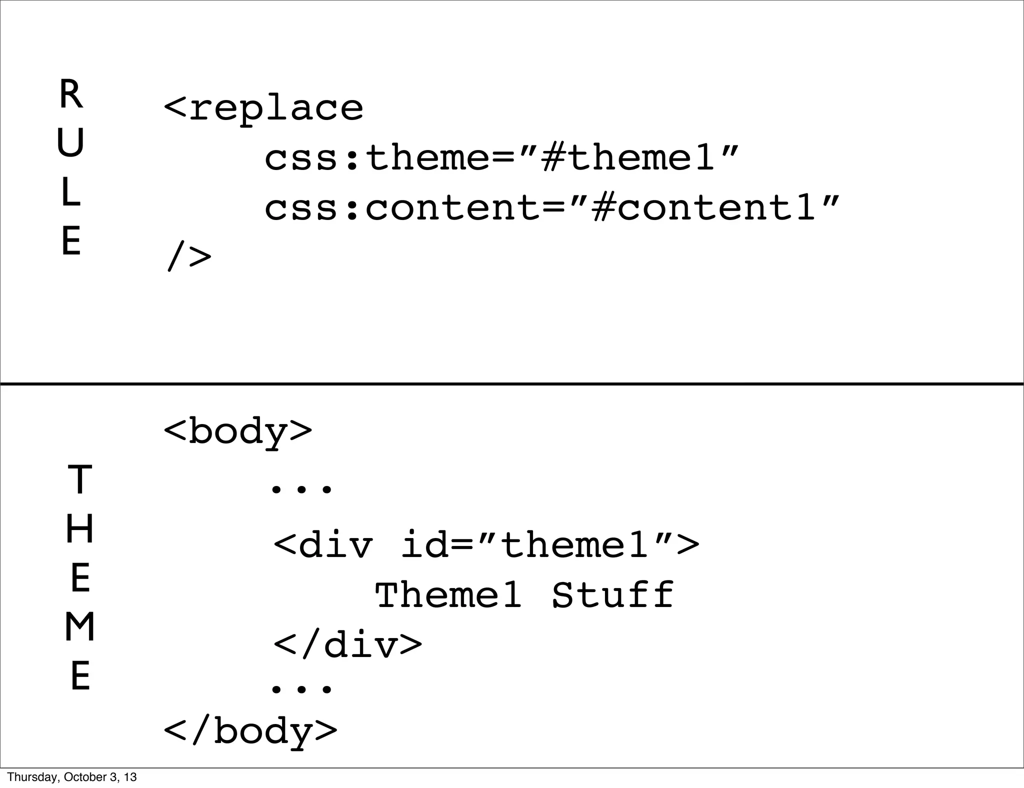 <body>
...
...
</body>
<replace
css:theme=”#theme1”
css:content=”#content1”
/>
<div id=”theme1”>
Theme1 Stuff
</div>
R
U
L
E
T
H
E
M
E
Thursday, October 3, 13
 