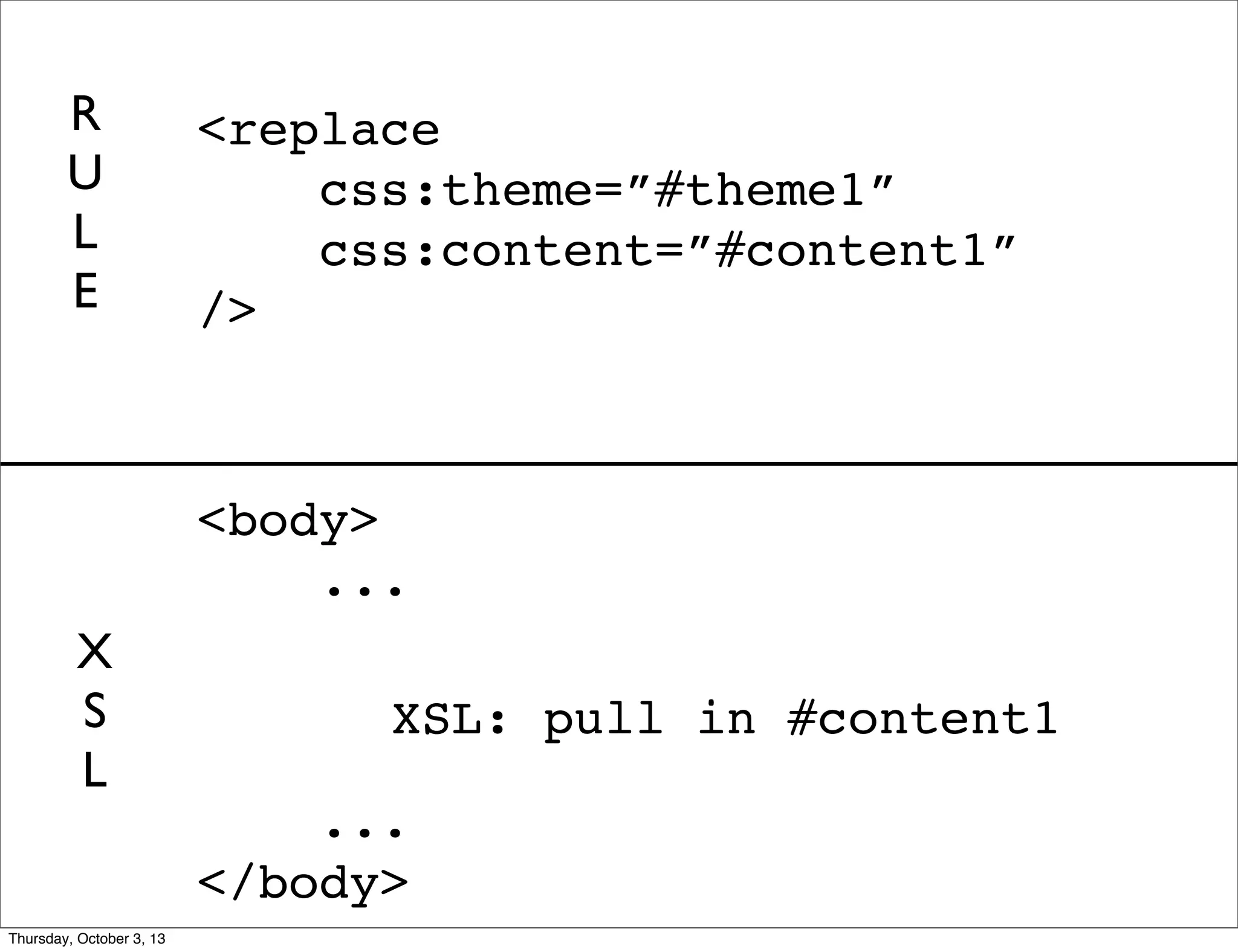 <body>
...
...
</body>
<replace
css:theme=”#theme1”
css:content=”#content1”
/>
XSL: pull in #content1
R
U
L
E
X
S
L
Thursday, October 3, 13
 
