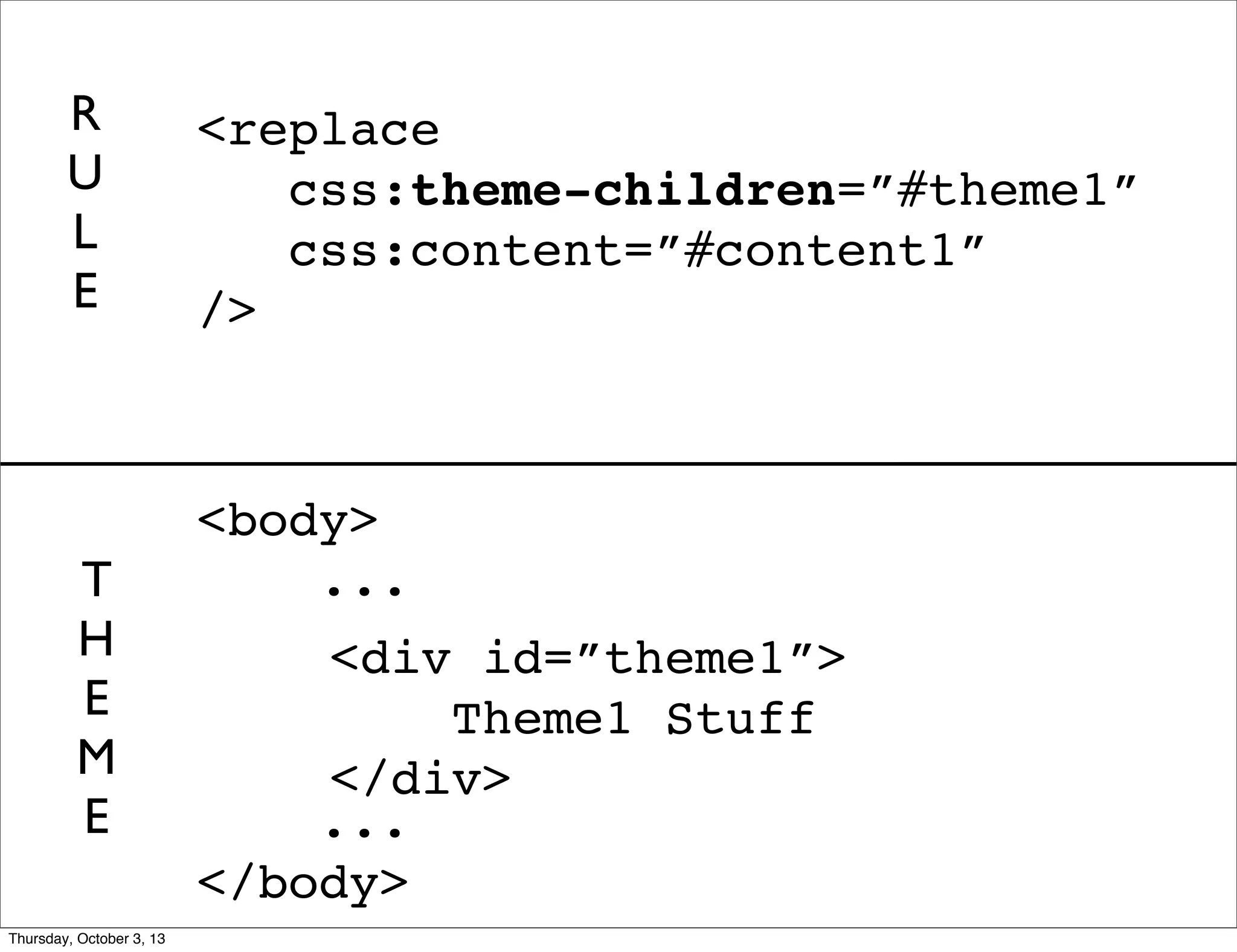 <body>
...
...
</body>
<replace
css:theme-children=”#theme1”
css:content=”#content1”
/>
<div id=”theme1”>
Theme1 Stuff
</div>
R
U
L
E
T
H
E
M
E
Thursday, October 3, 13
 