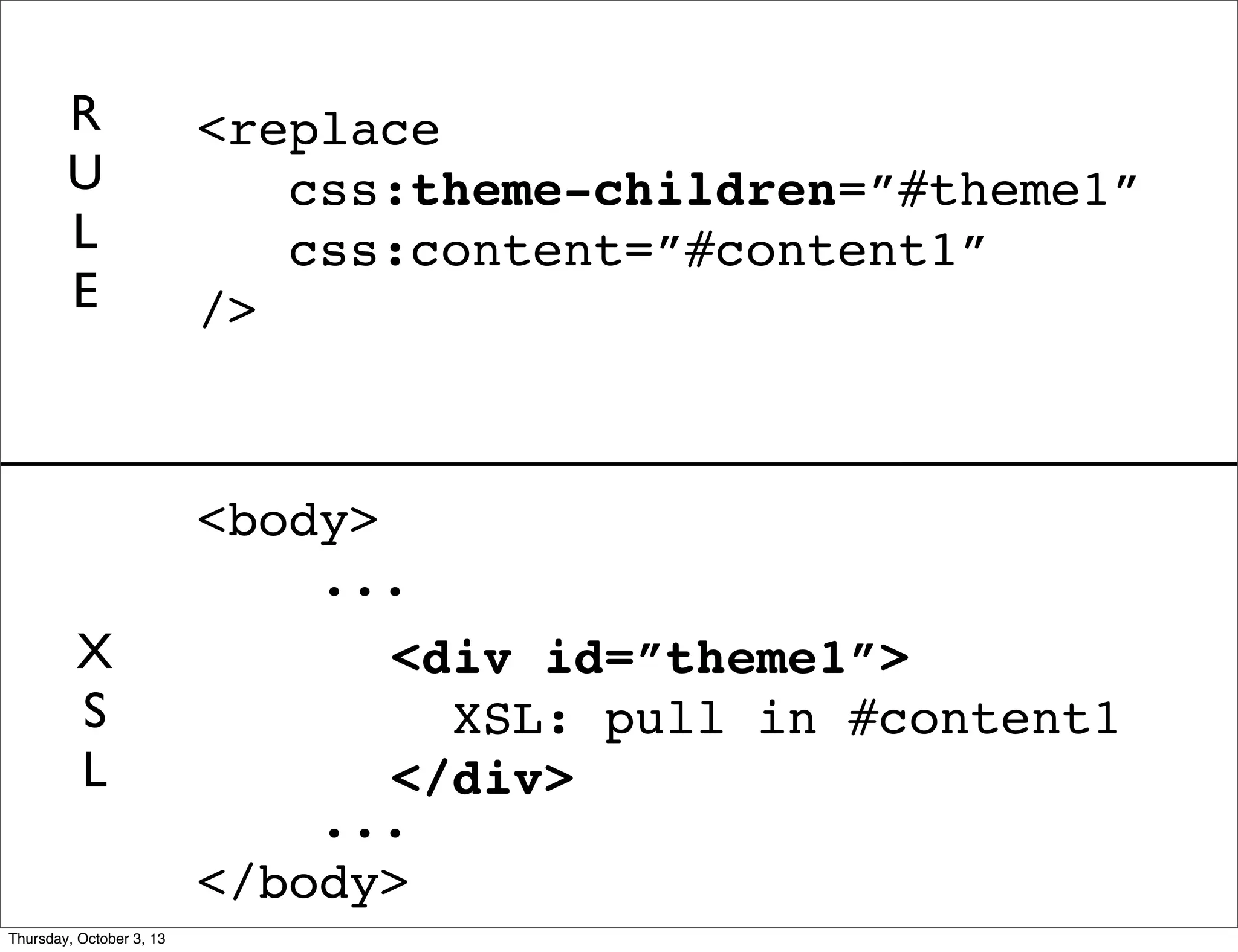 <body>
...
...
</body>
<replace
css:theme-children=”#theme1”
css:content=”#content1”
/>
<div id=”theme1”>
XSL: pull in #content1
</div>
R
U
L
E
X
S
L
Thursday, October 3, 13
 