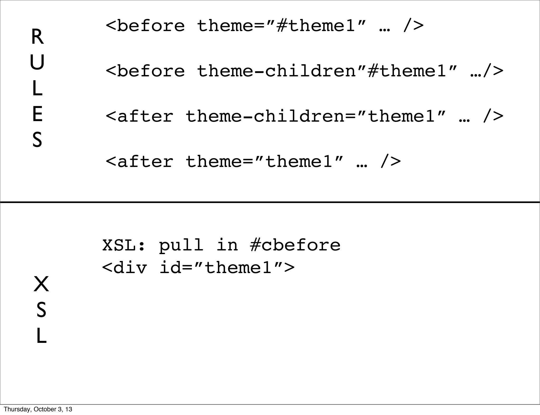 XSL: pull in #cbefore
<div id=”theme1”>
<before theme=”#theme1” … />
<before theme-children”#theme1” …/>
<after theme-children=”theme1” … />
<after theme=”theme1” … />
R
U
L
E
S
X
S
L
Thursday, October 3, 13
 