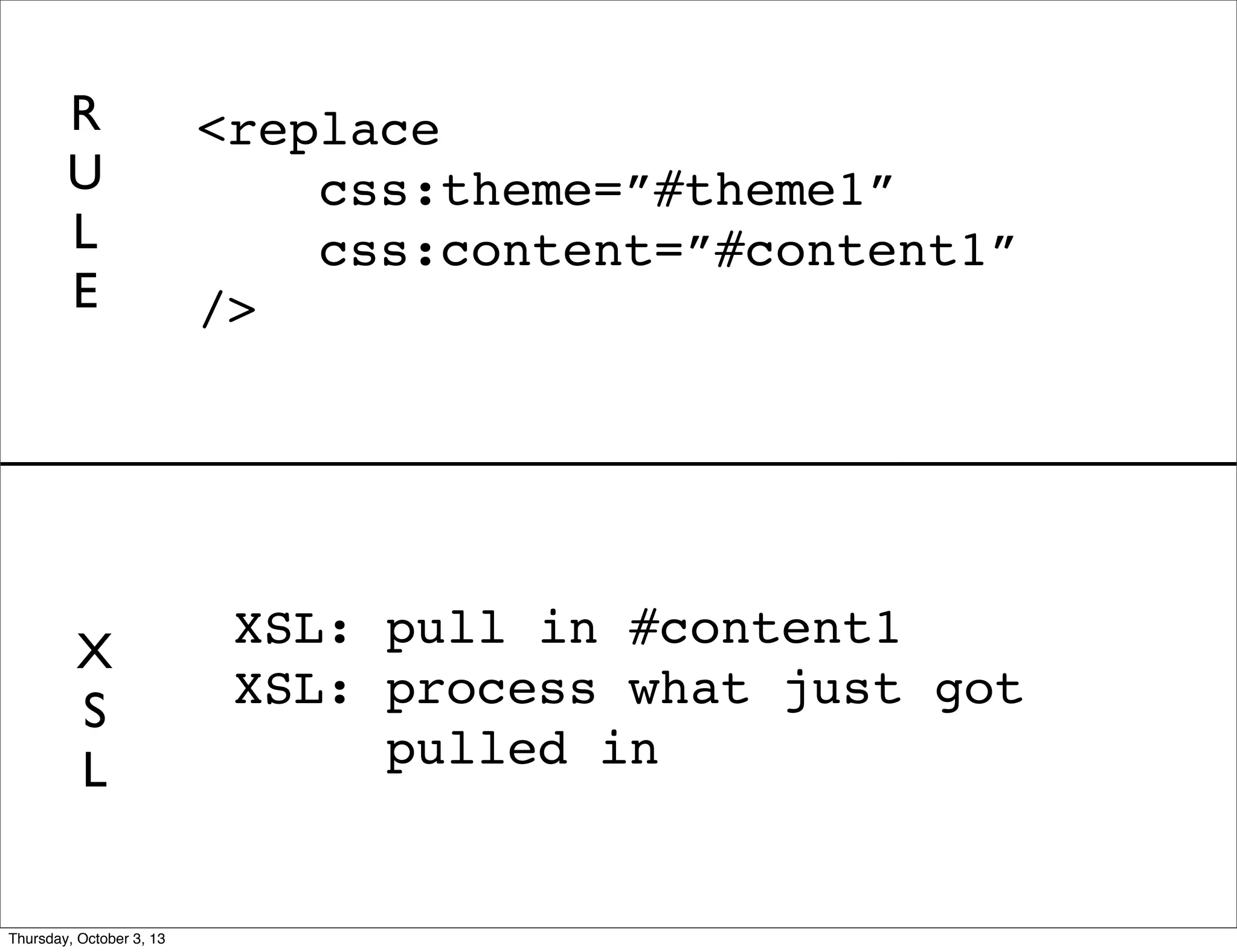 XSL: pull in #content1
XSL: process what just got
pulled in
<replace
css:theme=”#theme1”
css:content=”#content1”
/>
R
U
L
E
X
S
L
Thursday, October 3, 13
 