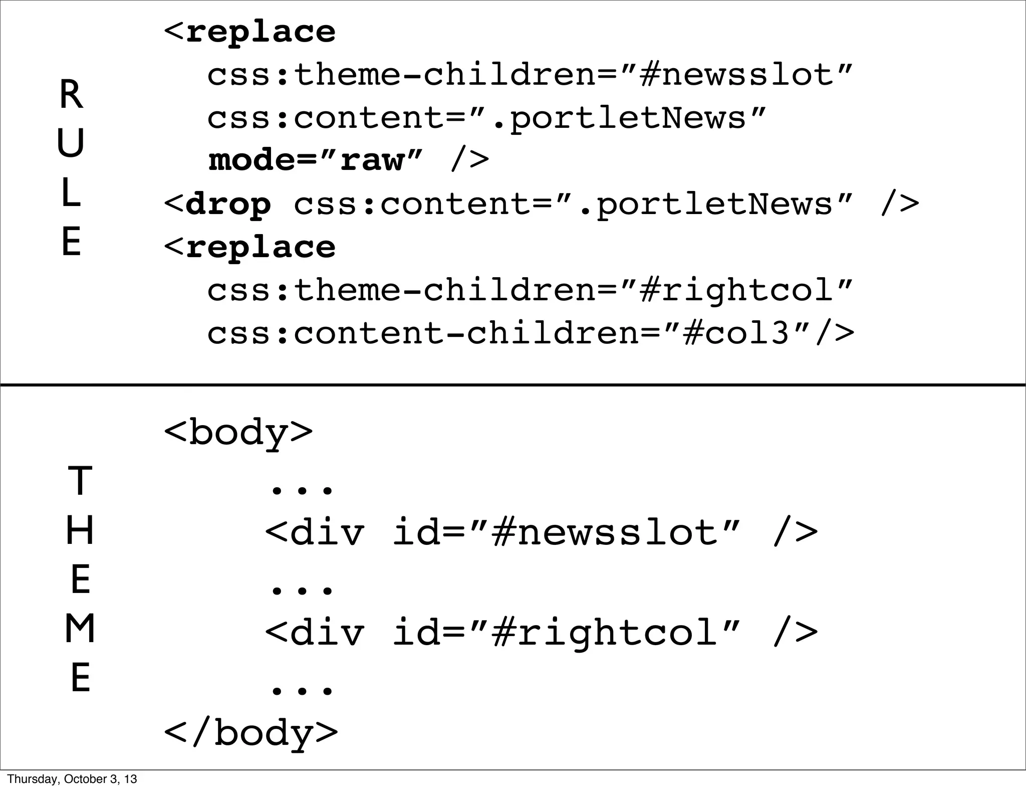 T
H
E
M
E
<body>
...
<div id=”#newsslot” />
...
<div id=”#rightcol” />
...
</body>
<replace
css:theme-children=”#newsslot”
css:content=”.portletNews”
/>
<drop css:content=”.portletNews” />
<replace
css:theme-children=”#rightcol”
css:content-children=”#col3”/>
R
U
L
E
mode=”raw” />
Thursday, October 3, 13
 