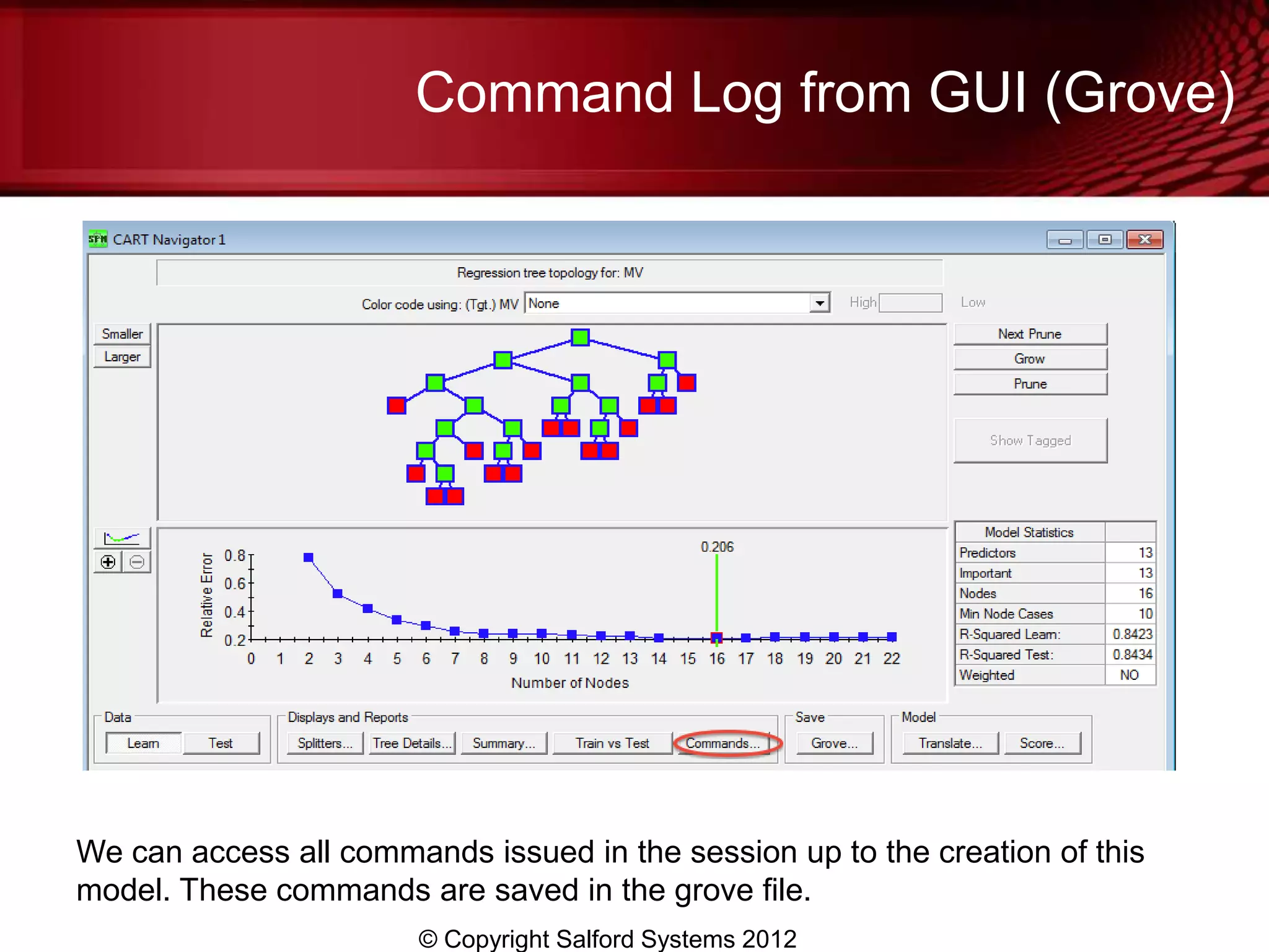 Command Log from GUI (Grove)




We can access all commands issued in the session up to the creation of this
model. These commands are saved in the grove file.
                        © Copyright Salford Systems 2012
 