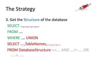 The Strategy3. Get the Structure of the databaseSELECT …,…,…,…,…FROM ….WHERE …. UNION SELECT ….,TableNames,….,….,…FROM DatabaseStructure --=…. AND ….!=….. OR …..>……