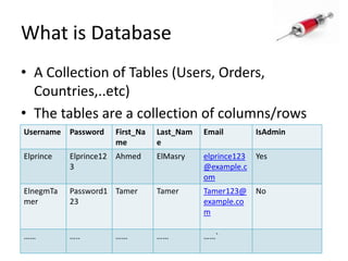What is DatabaseA Collection of Tables (Users, Orders, Countries,..etc)The tables are a collection of columns/rows