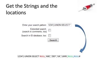Get the Strings and the locations1234') UNION SELECT NULL,'ABC','DEF','IJK','LMN',NULL,NULL#