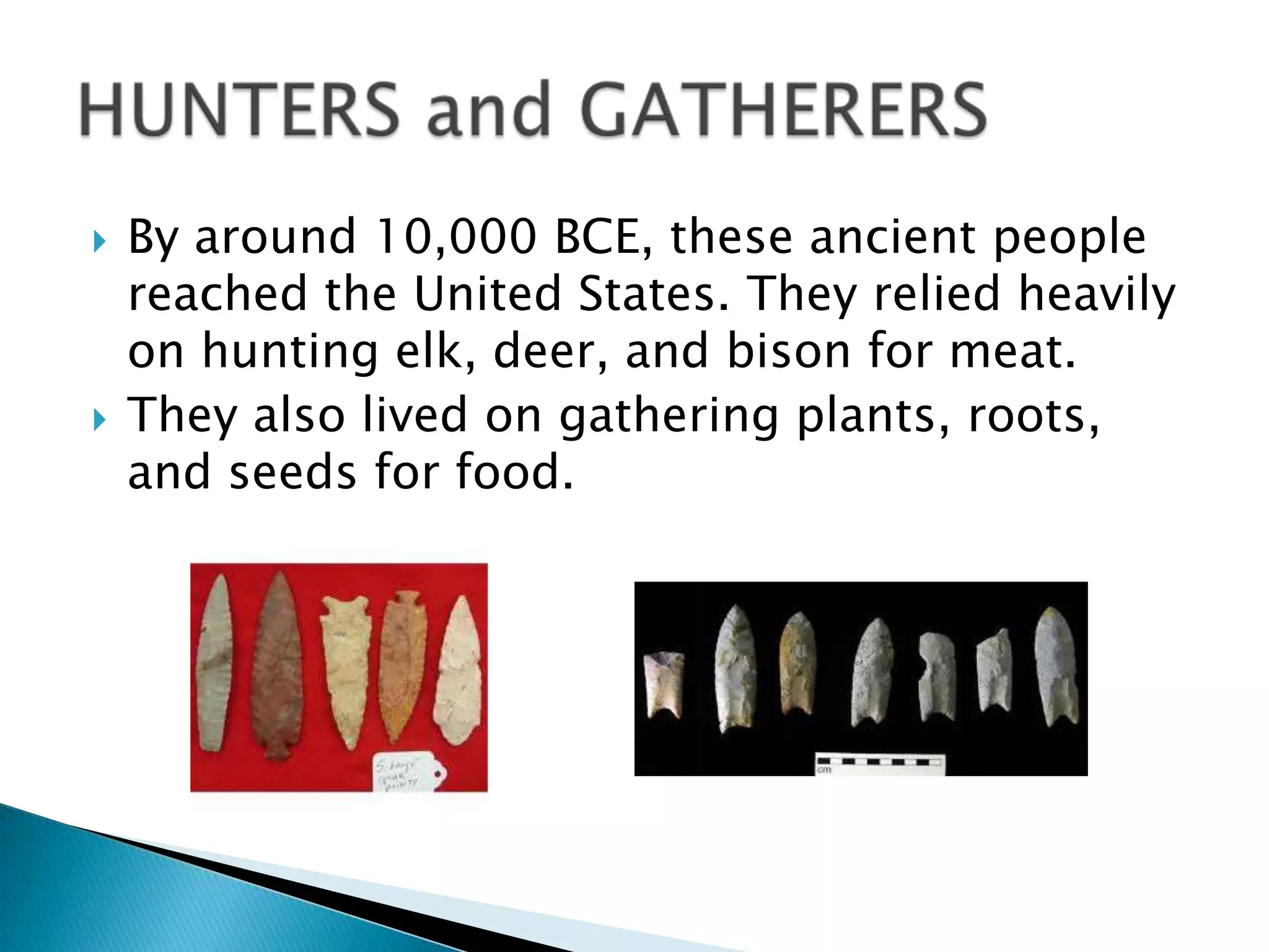  By around 10,000 BCE, these ancient people
reached the United States. They relied heavily
on hunting elk, deer, and bison for meat.
 They also lived on gathering plants, roots,
and seeds for food.
 