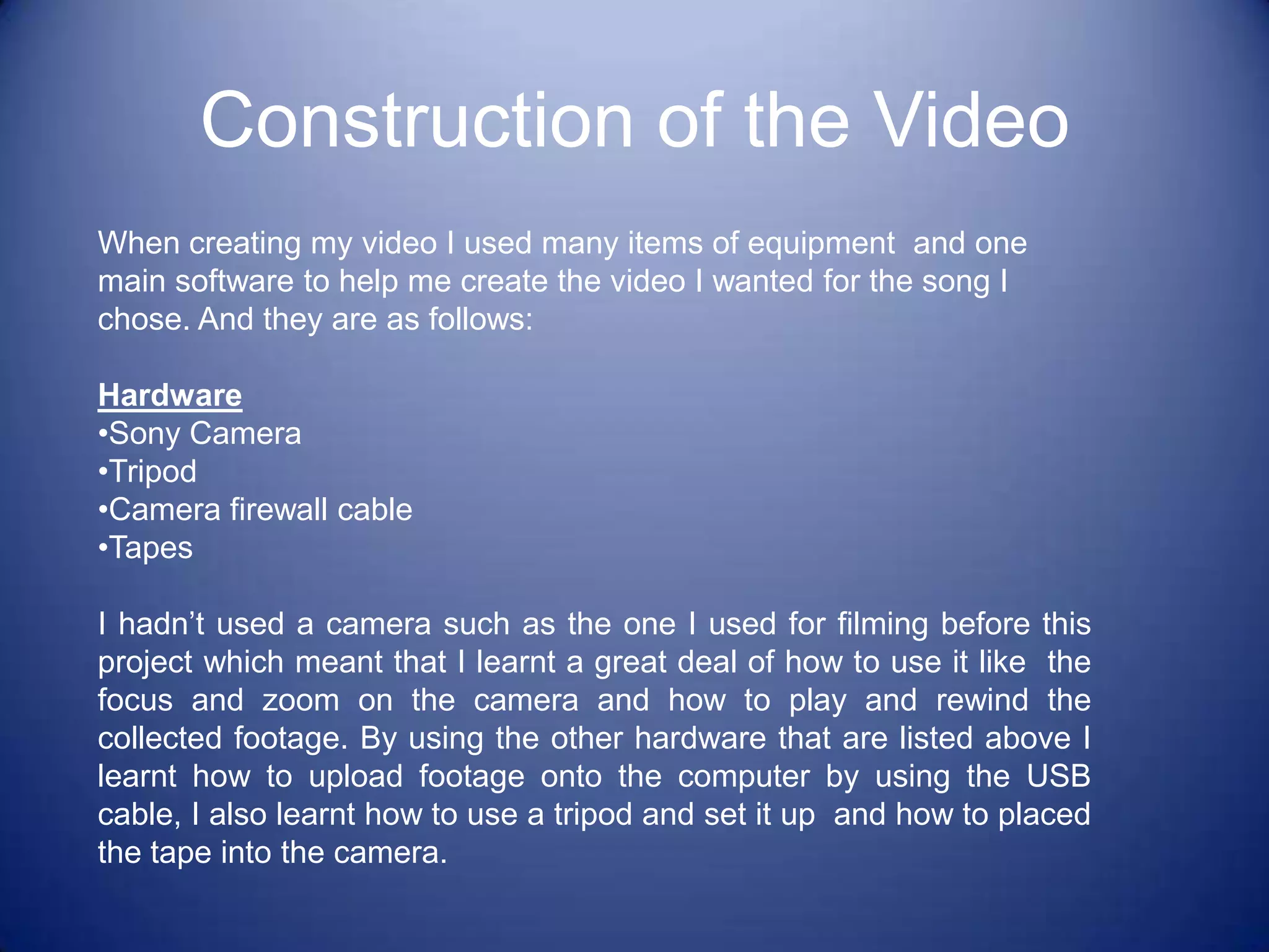 www.youtube.com –  I used this site to carry out research from other music videos which I analysed to give me a better idea of what to include in my video and to help me gain inspiration for my video.Continued......www.prezi.com – I used this site to create an analysis of the current music industry so as to give myself a better idea of  my existing target audience and of the major music owners such as  Sony and EMI to show how the music industry runs.