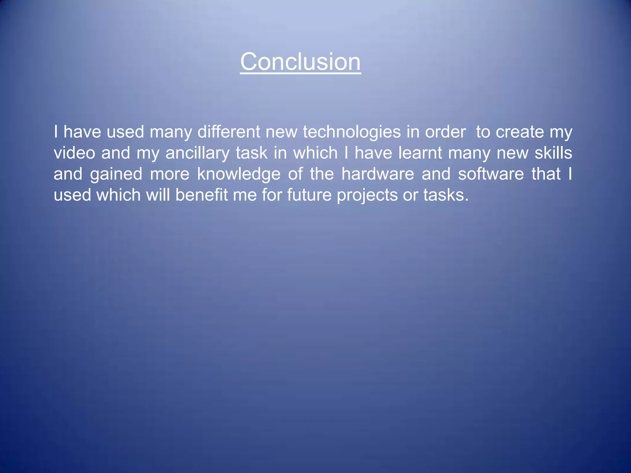 Adobe Premier Pro.- I used this software for these tasks because I was able to take still shots from my video to include on the advert and on my digi-pack and place them into Photoshop to make all of the tasks relate to one another .Construction of the VideoWhen creating my video I used many items of equipment  and one main software to help me create the video I wanted for the song I chose. And they are as follows:HardwareSony Camera