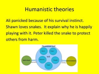 Humanistic theories
Ali panicked because of his survival instinct.
Shawn loves snakes. It explain why he is happily
playing with it. Peter killed the snake to protect
others from harm.
 