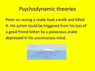 Psychodynamic theories
Peter on seeing a snake took a knife and killed
It. His action could be triggered from his loss of
a good friend bitten by a poisonous snake
depressed in his unconscious mind.
 