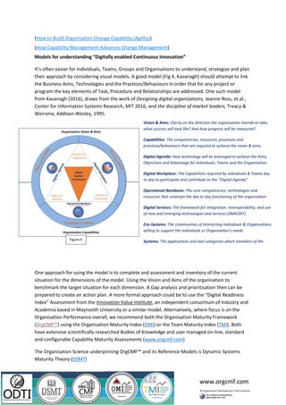 www.orgcmf.com
(How to Build Organisation Change Capability (Agility))
(How Capability Management Advances Change Management)
Models for understanding “Digitally enabled Continuous Innovation”
It’s often easier for Individuals, Teams, Groups and Organisations to understand, strategize and plan
their approach by considering visual models. A good model (Fig 4, Kavanagh) should attempt to link
the Business Aims, Technologies and the Practices/Behaviours in order that for any project or
program the key elements of Task, Procedure and Relationships are addressed. One such model
from Kavanagh (2016), draws from the work of Designing digital organizations, Jeanne Ross, et.al.,
Center for Information Systems Research, MIT 2016; and the discipline of market leaders, Treacy &
Weirsma, Addison-Wesley, 1995.
One approach for using the model is to complete and assessment and inventory of the current
situation for the dimensions of the model. Using the Vision and Aims of the organisation to
benchmark the target situation for each dimension. A Gap analysis and prioritisation then can be
prepared to create an action plan. A more formal approach could be to use the “Digital Readiness
Index” Assessment from the Innovation Value Institute, an independent consortium of Industry and
Academia based in Maynooth University or a similar model. Alternatively, where focus is on the
Organisation Performance overall, we recommend both the Organisation Maturity Framework
(OrgCMF™) using the Organisation Maturity Index (OMI) or the Team Maturity Index (TMI). Both
have extensive scientifically researched Bodies of Knowledge and user managed on-line, standard
and configurable Capability Maturity Assessments (www.orgcmf.com)
The Organisation Science underpinning OrgCMF™ and its Reference Models is Dynamic Systems
Maturity Theory (DSMT)
Vision & Aims: Clarity on the direction the organisation intends to take,
what success will look like? And how progress will be measured?
Capabilities: The competencies, resources, processes and
practices/behaviours that are required to achieve the vision & aims.
Digital Agenda: How technology will be leveraged to achieve the Aims,
Objectives and Advantage for Individuals, Teams and the Organisation.
Digital Workplace: The Capabilities required by individuals & Teams day
to day to participate and contribute to the “Digital Agenda”
Operational Backbone: The core competencies, technologies and
resources that underpin the day to day functioning of the organisation
Digital Services: The framework for integration, interoperability, and use
of new and emerging technologies and services (SMACBIT)
Eco-Systems: The communities of interacting Individuals & Organisations
willing to support the Individuals or Organisation’s needs.
Systems: The applications and tool categories which members of the
Organisation & Ecosystems use to achieve individual and common goals.
Figure 4
 
