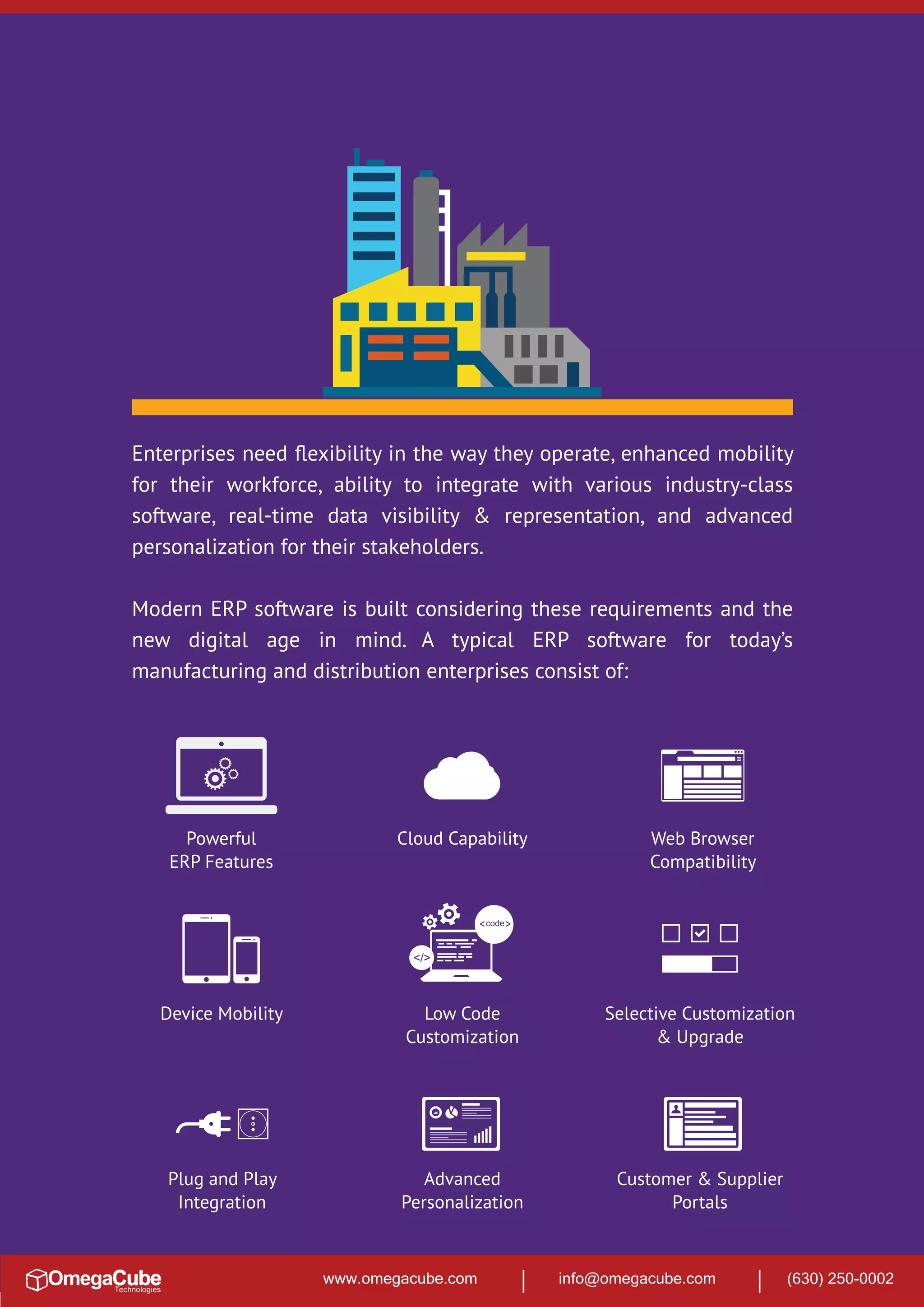 www.omegacube.com info@omegacube.com (630) 250-0002
Enterprises need ﬂexibility in the way they operate, enhanced mobility
for their workforce, ability to integrate with various industry-class
software, real-time data visibility & representation, and advanced
personalization for their stakeholders.
Modern ERP software is built considering these requirements and the
new digital age in mind. A typical ERP software for today’s
manufacturing and distribution enterprises consist of:
Powerful
ERP Features
Cloud Capability Web Browser
Compatibility
Device Mobility Low Code
Customization
Selective Customization
& Upgrade
Plug and Play
Integration
Advanced
Personalization
Customer & Supplier
Portals
Cloud Capability
 