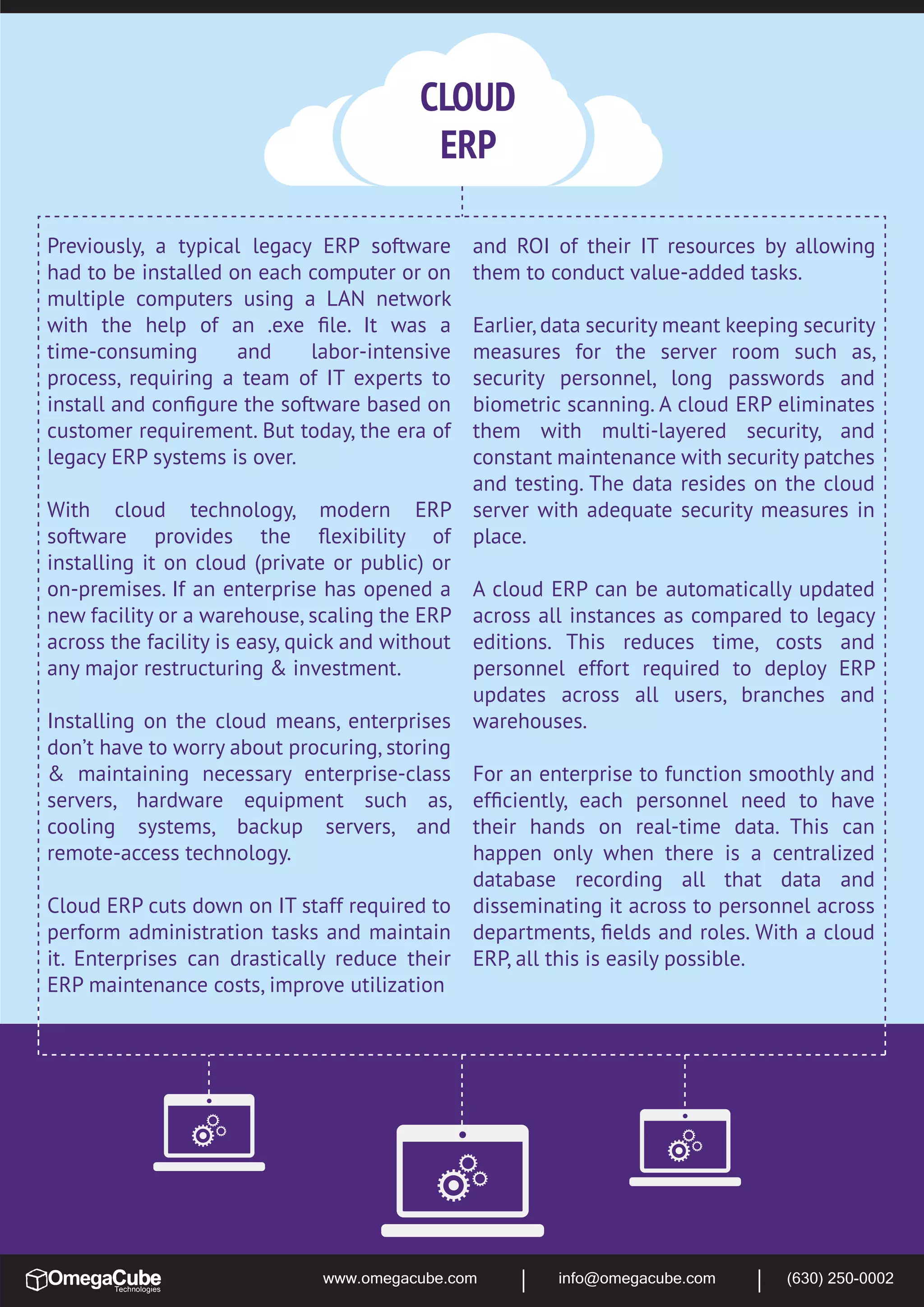 www.omegacube.com info@omegacube.com (630) 250-0002
CLOUD
ERP
Earlier,data security meant keeping security
measures for the server room such as,
security personnel, long passwords and
biometric scanning. A cloud ERP eliminates
them with multi-layered security, and
constant maintenance with security patches
and testing. The data resides on the cloud
server with adequate security measures in
place.
A cloud ERP can be automatically updated
across all instances as compared to legacy
editions. This reduces time, costs and
personnel effort required to deploy ERP
updates across all users, branches and
warehouses.
For an enterprise to function smoothly and
efﬁciently, each personnel need to have
their hands on real-time data. This can
happen only when there is a centralized
database recording all that data and
disseminating it across to personnel across
departments, ﬁelds and roles. With a cloud
ERP, all this is easily possible.
Previously, a typical legacy ERP software
had to be installed on each computer or on
multiple computers using a LAN network
with the help of an .exe ﬁle. It was a
time-consuming and labor-intensive
process, requiring a team of IT experts to
install and conﬁgure the software based on
customer requirement. But today, the era of
legacy ERP systems is over.
With cloud technology, modern ERP
software provides the ﬂexibility of
installing it on cloud (private or public) or
on-premises. If an enterprise has opened a
new facility or a warehouse, scaling the ERP
across the facility is easy, quick and without
any major restructuring & investment.
Installing on the cloud means, enterprises
don’t have to worry about procuring, storing
& maintaining necessary enterprise-class
servers, hardware equipment such as,
cooling systems, backup servers, and
remote-access technology.
Cloud ERP cuts down on IT staff required to
perform administration tasks and maintain
it. Enterprises can drastically reduce their
ERP maintenance costs, improve utilization
and ROI of their IT resources by allowing
them to conduct value-added tasks.
 