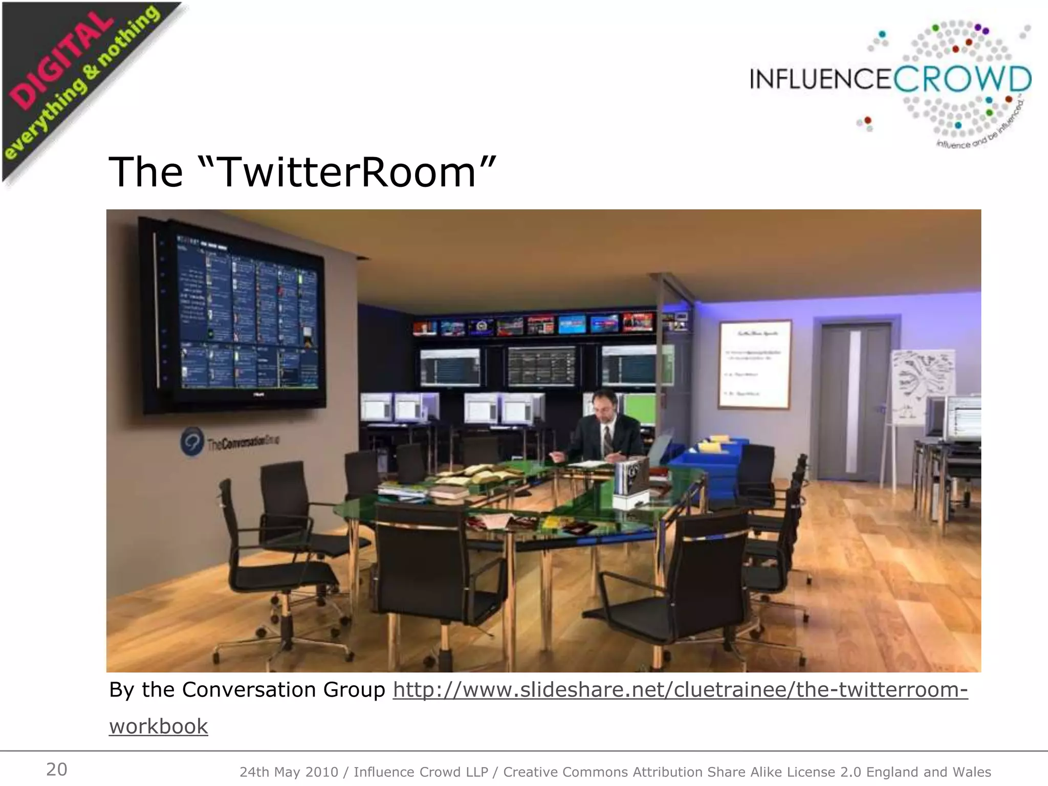 By the Conversation Group http://www.slideshare.net/cluetrainee/the-twitterroom-workbookThe “TwitterRoom”24th May 2010 / Influence Crowd LLP / Creative Commons Attribution Share Alike License 2.0 England and Wales20